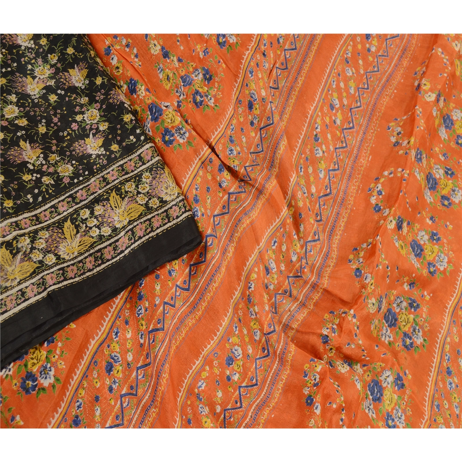 Sanskriti Vintage Sarees From India Black Blend Silk Printed Sari Craft Fabric, PR-62070-Black-Blend Silk-2