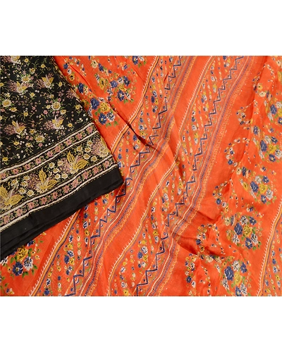 Sanskriti Vintage Sarees From India Black Blend Silk Printed Sari Craft Fabric, PR-62070-Black-Blend Silk-2