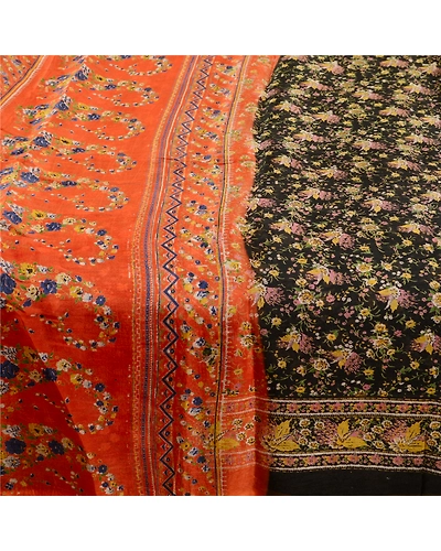 Sanskriti Vintage Sarees From India Black Blend Silk Printed Sari Craft Fabric, PR-62070-Black-Blend Silk-3