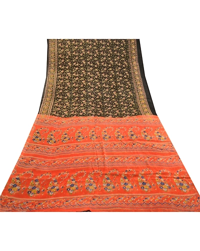 Sanskriti Vintage Sarees From India Black Blend Silk Printed Sari Craft Fabric, PR-62070-Black-Blend Silk-7