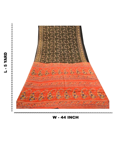 Sanskriti Vintage Sarees From India Black Blend Silk Printed Sari Craft Fabric, PR-62070-Black-Blend Silk-8