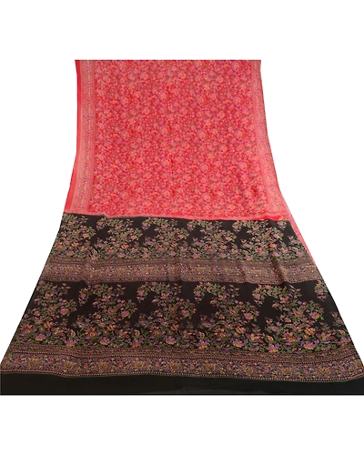 Sanskriti Vintage Sarees Red 100% Pure Silk Printed Sari Floral 5Yd Craft Fabric, PR-62073-Red-Pure Silk-8