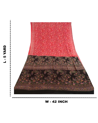 Sanskriti Vintage Sarees Red 100% Pure Silk Printed Sari Floral 5Yd Craft Fabric, PR-62073-Red-Pure Silk-9