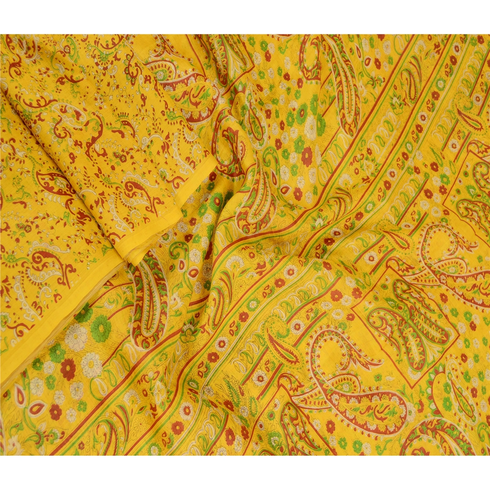 Sanskriti Vintage Sarees From India Yellow Pure Silk Printed Sari Craft Fabric, PR-62075-Yellow-Pure Silk-1