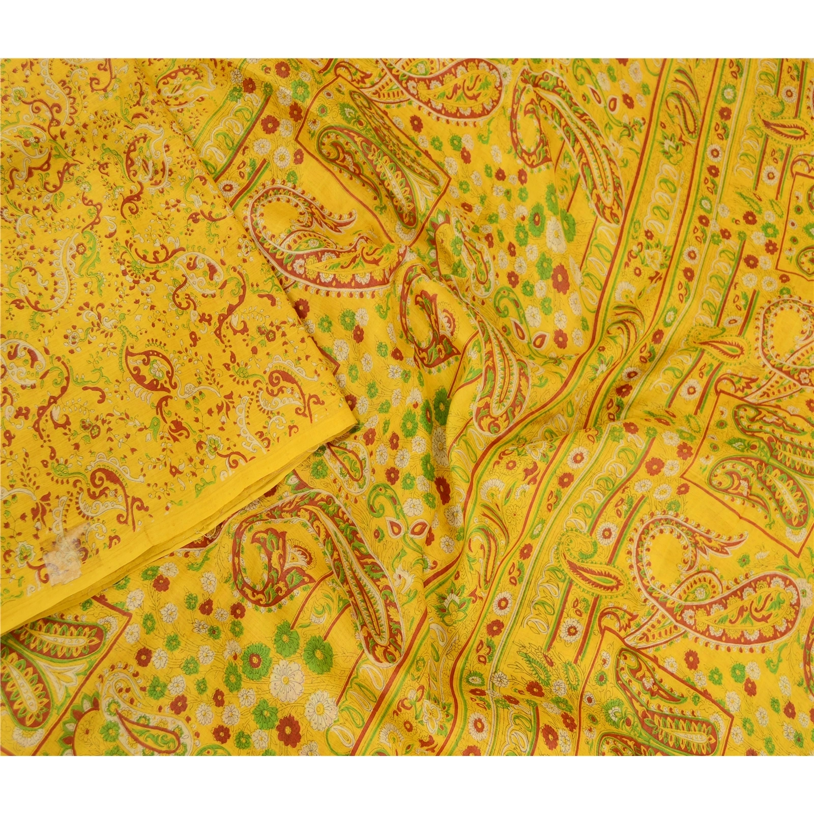 Sanskriti Vintage Sarees From India Yellow Pure Silk Printed Sari Craft Fabric, PR-62075-Yellow-Pure Silk-2