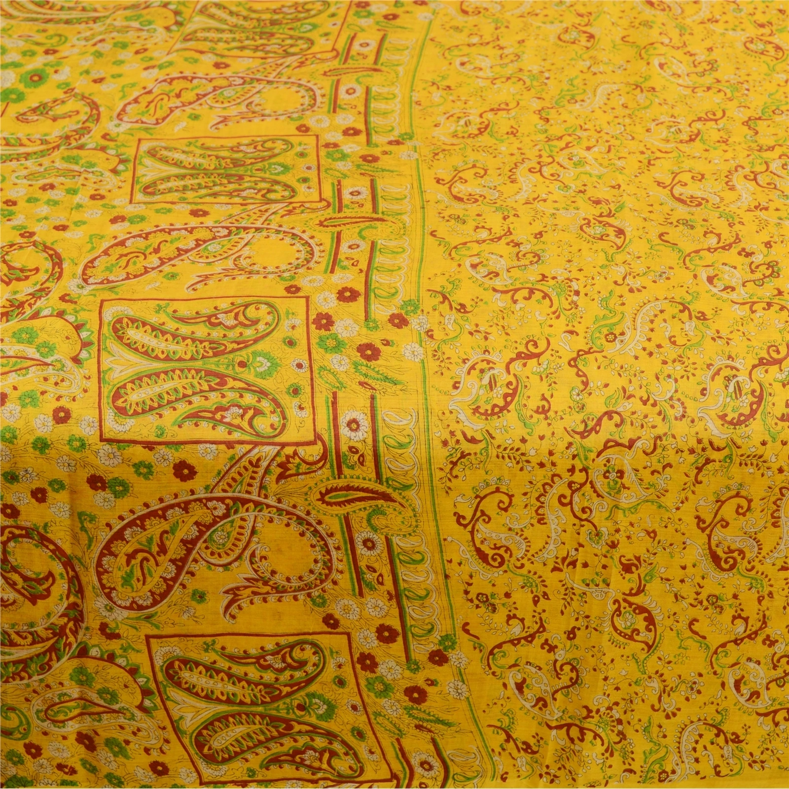 Sanskriti Vintage Sarees From India Yellow Pure Silk Printed Sari Craft Fabric, PR-62075-Yellow-Pure Silk-3