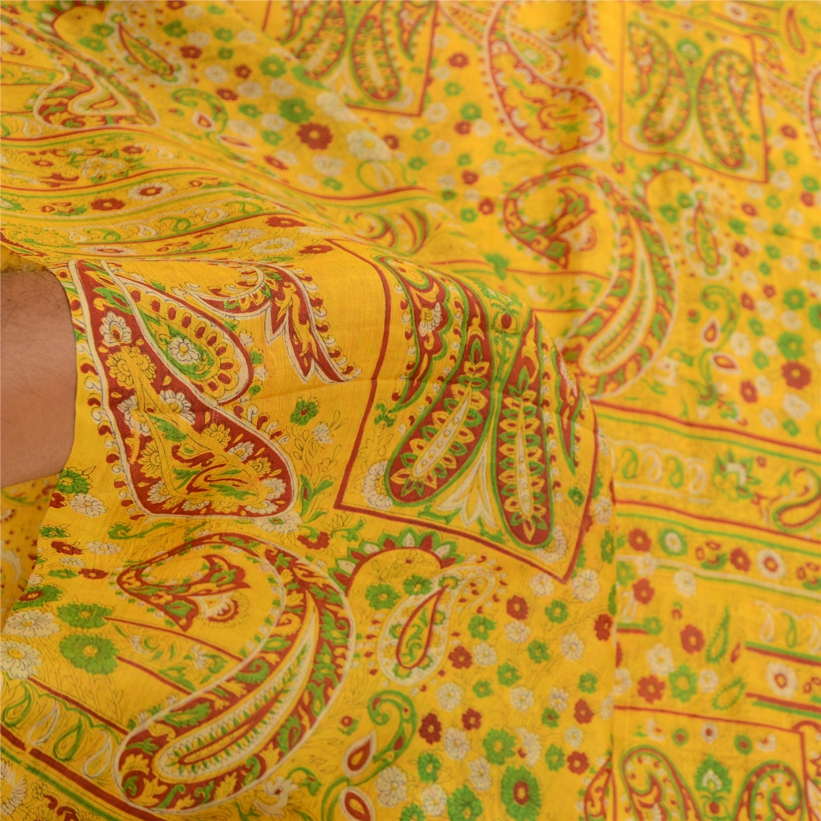 Sanskriti Vintage Sarees From India Yellow Pure Silk Printed Sari Craft Fabric, PR-62075-Yellow-Pure Silk-5