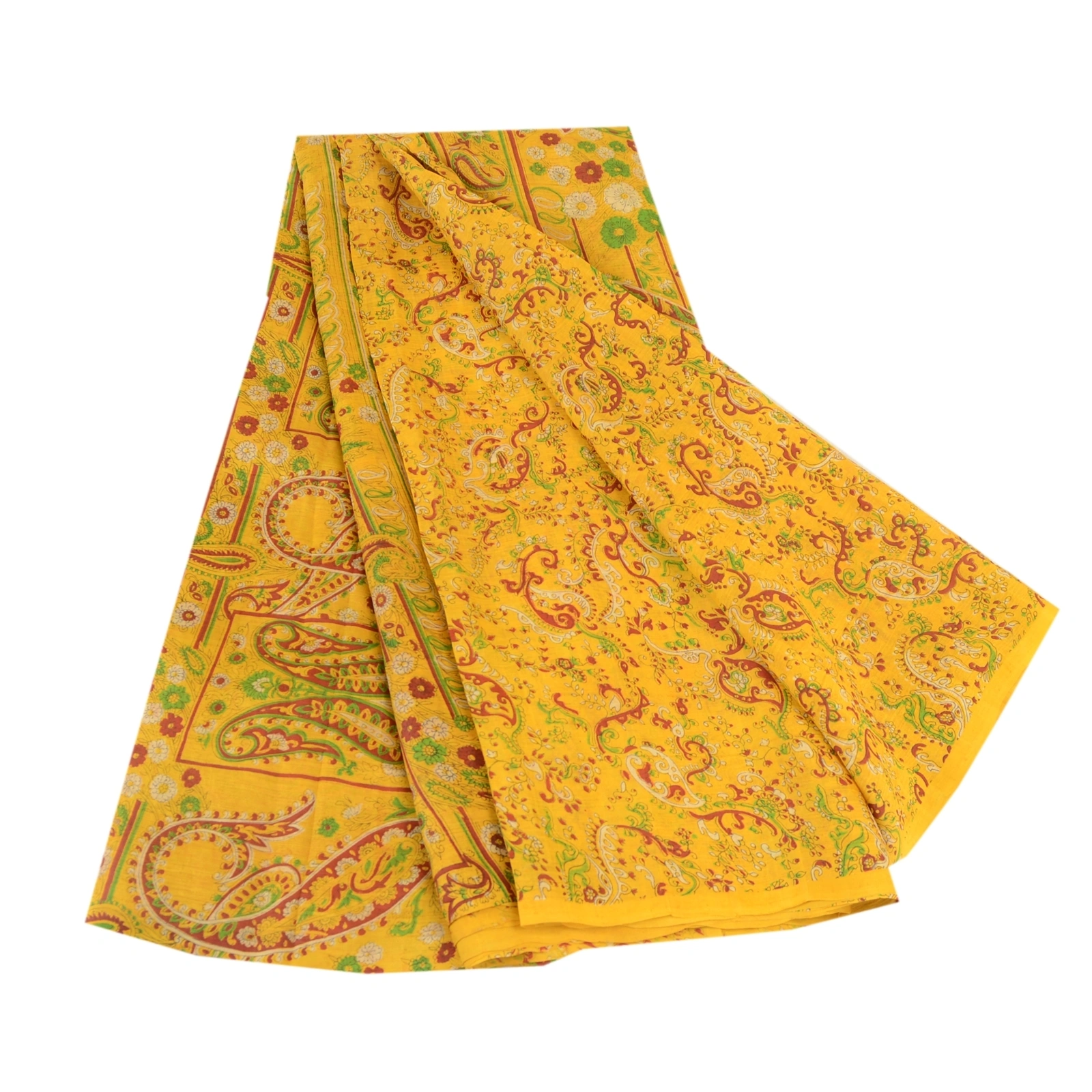 Sanskriti Vintage Sarees From India Yellow Pure Silk Printed Sari Craft Fabric, PR-62075-Yellow-Pure Silk-6