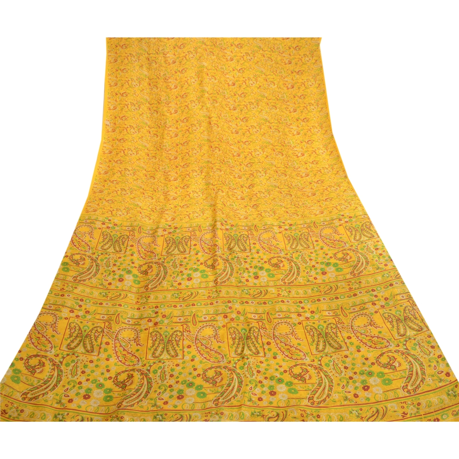 Sanskriti Vintage Sarees From India Yellow Pure Silk Printed Sari Craft Fabric, PR-62075-Yellow-Pure Silk-7