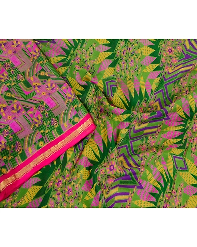 Sanskriti Vintage Sarees Multi Printed Pure Silk Zari Border Sari Craft Fabric, PR-62088-Multi-Pure Silk-2