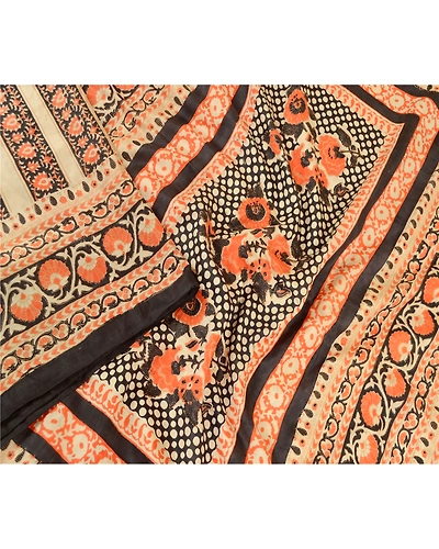 Sanskriti Vintage Sarees Cream Pure Silk Printed Sari Floral Soft Craft Fabric, PR-62097-Cream-Pure Silk-2
