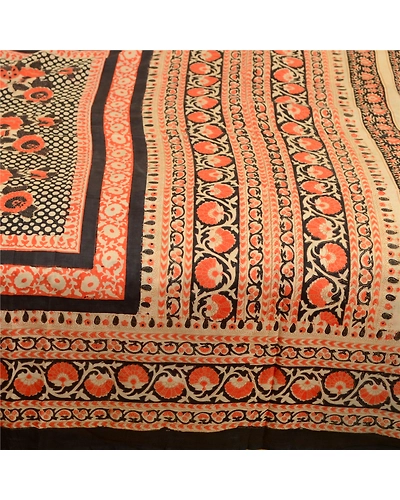 Sanskriti Vintage Sarees Cream Pure Silk Printed Sari Floral Soft Craft Fabric, PR-62097-Cream-Pure Silk-3
