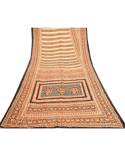 Sanskriti Vintage Sarees Cream Pure Silk Printed Sari Floral Soft Craft Fabric, PR-62097-Cream-Pure Silk-7