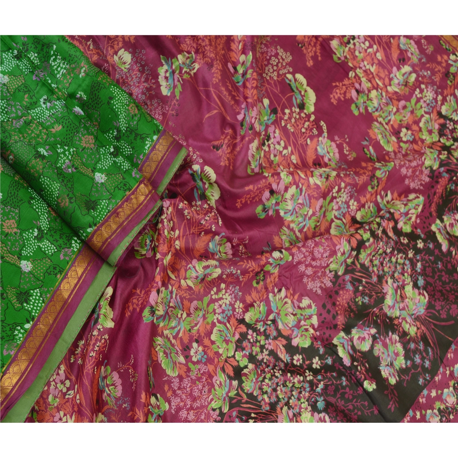 Sanskriti Vintage Sarees Green Pure Silk Printed Zari Border Sari Craft Fabric, PR-62100-Green-Pure Silk-1