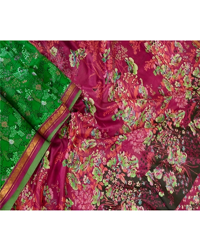 Sanskriti Vintage Sarees Green Pure Silk Printed Zari Border Sari Craft Fabric, PR-62100-Green-Pure Silk-1