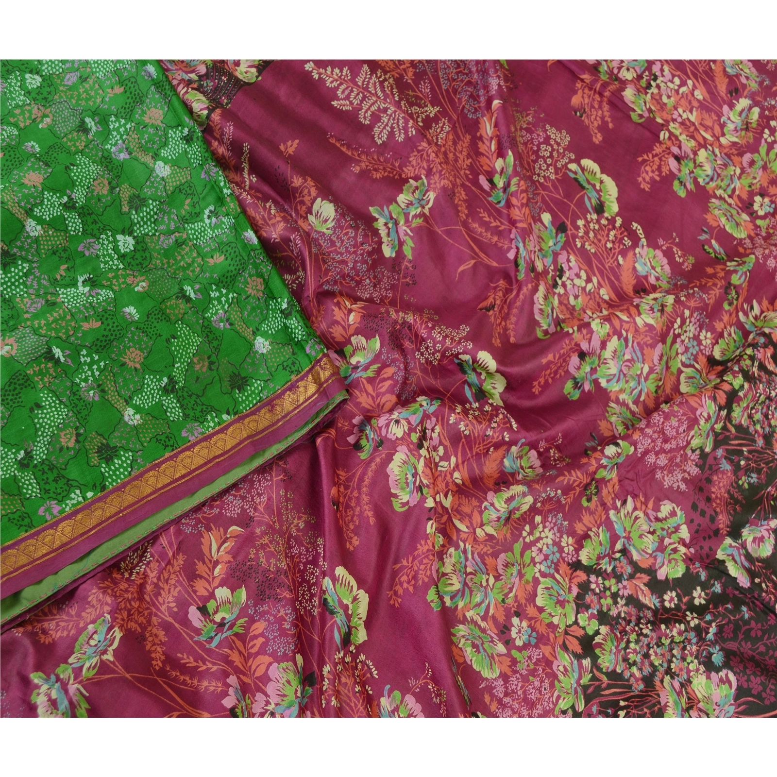 Sanskriti Vintage Sarees Green Pure Silk Printed Zari Border Sari Craft Fabric, PR-62100-Green-Pure Silk-2