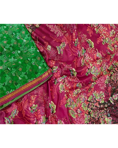 Sanskriti Vintage Sarees Green Pure Silk Printed Zari Border Sari Craft Fabric, PR-62100-Green-Pure Silk-2