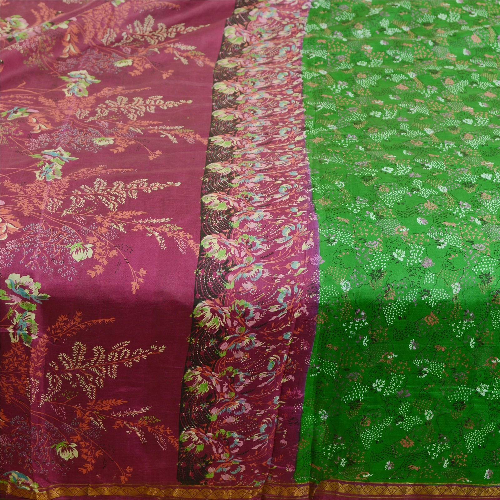 Sanskriti Vintage Sarees Green Pure Silk Printed Zari Border Sari Craft Fabric, PR-62100-Green-Pure Silk-3