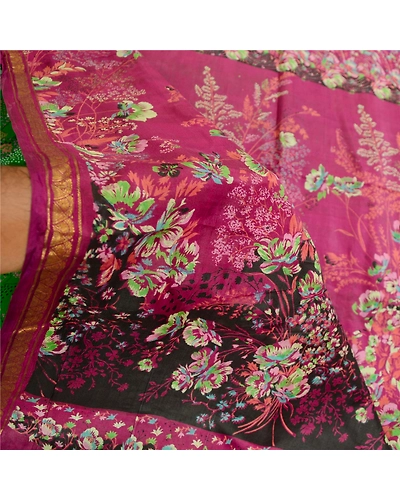Sanskriti Vintage Sarees Green Pure Silk Printed Zari Border Sari Craft Fabric, PR-62100-Green-Pure Silk-5
