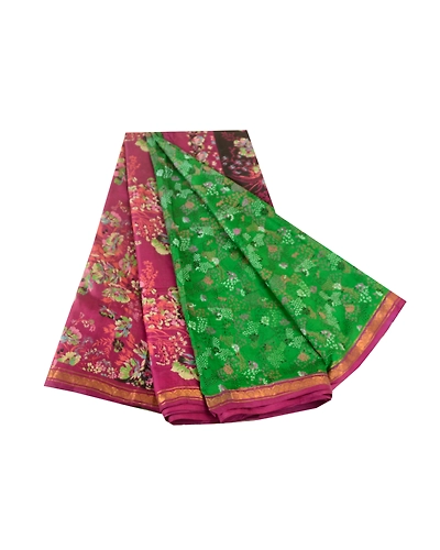 Sanskriti Vintage Sarees Green Pure Silk Printed Zari Border Sari Craft Fabric, PR-62100-Green-Pure Silk-6
