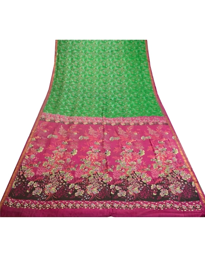 Sanskriti Vintage Sarees Green Pure Silk Printed Zari Border Sari Craft Fabric, PR-62100-Green-Pure Silk-7