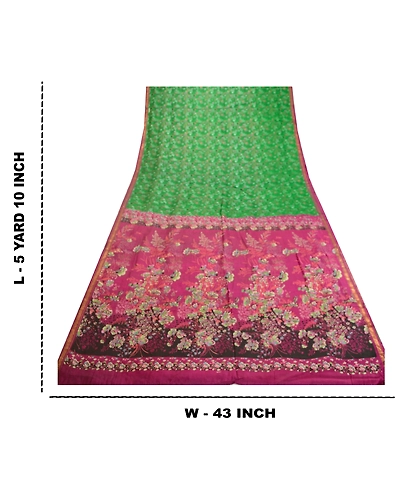 Sanskriti Vintage Sarees Green Pure Silk Printed Zari Border Sari Craft Fabric, PR-62100-Green-Pure Silk-8