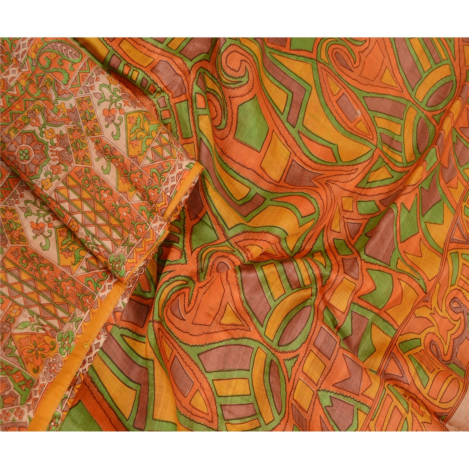 Sanskriti Vintage Sarees Orange Indian Pure Silk Printed Sari 5Yd Craft Fabric, PR-62101-Orange-Pure Silk-1