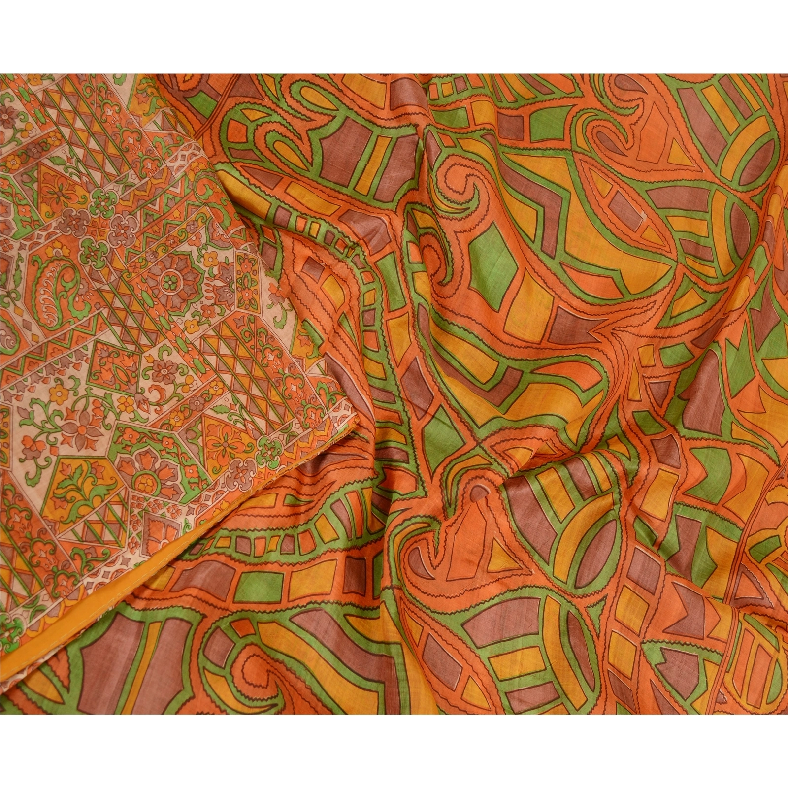 Sanskriti Vintage Sarees Orange Indian Pure Silk Printed Sari 5Yd Craft Fabric, PR-62101-Orange-Pure Silk-2