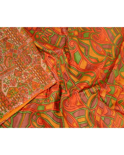 Sanskriti Vintage Sarees Orange Indian Pure Silk Printed Sari 5Yd Craft Fabric, PR-62101-Orange-Pure Silk-2
