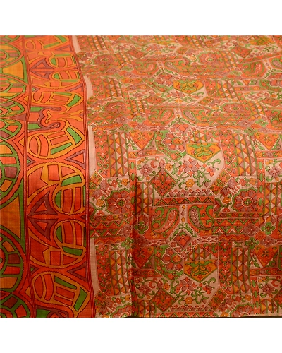 Sanskriti Vintage Sarees Orange Indian Pure Silk Printed Sari 5Yd Craft Fabric, PR-62101-Orange-Pure Silk-3