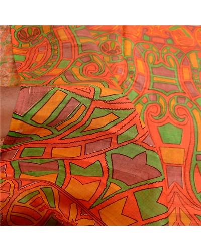 Sanskriti Vintage Sarees Orange Indian Pure Silk Printed Sari 5Yd Craft Fabric, PR-62101-Orange-Pure Silk-5
