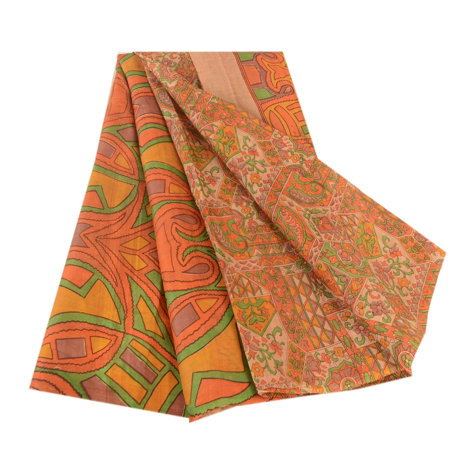 Sanskriti Vintage Sarees Orange Indian Pure Silk Printed Sari 5Yd Craft Fabric, PR-62101-Orange-Pure Silk-6