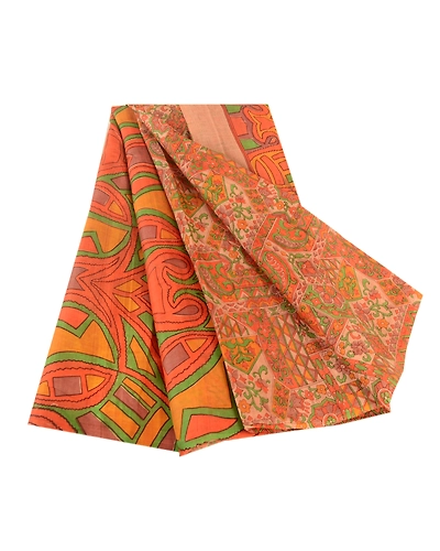 Sanskriti Vintage Sarees Orange Indian Pure Silk Printed Sari 5Yd Craft Fabric, PR-62101-Orange-Pure Silk-6