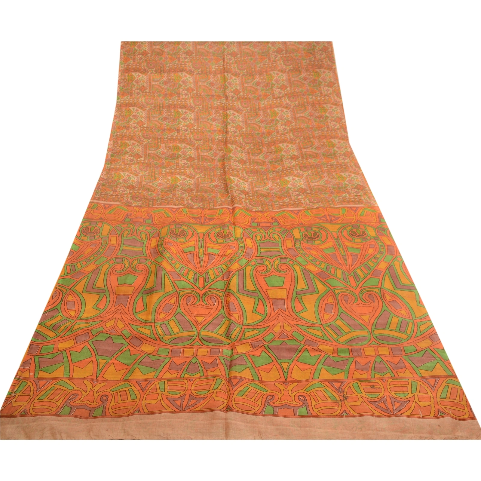 Sanskriti Vintage Sarees Orange Indian Pure Silk Printed Sari 5Yd Craft Fabric, PR-62101-Orange-Pure Silk-7