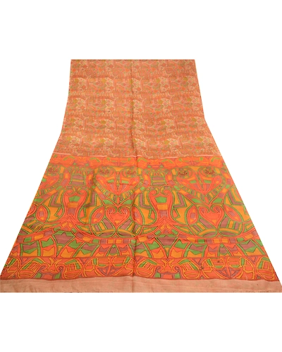 Sanskriti Vintage Sarees Orange Indian Pure Silk Printed Sari 5Yd Craft Fabric, PR-62101-Orange-Pure Silk-7