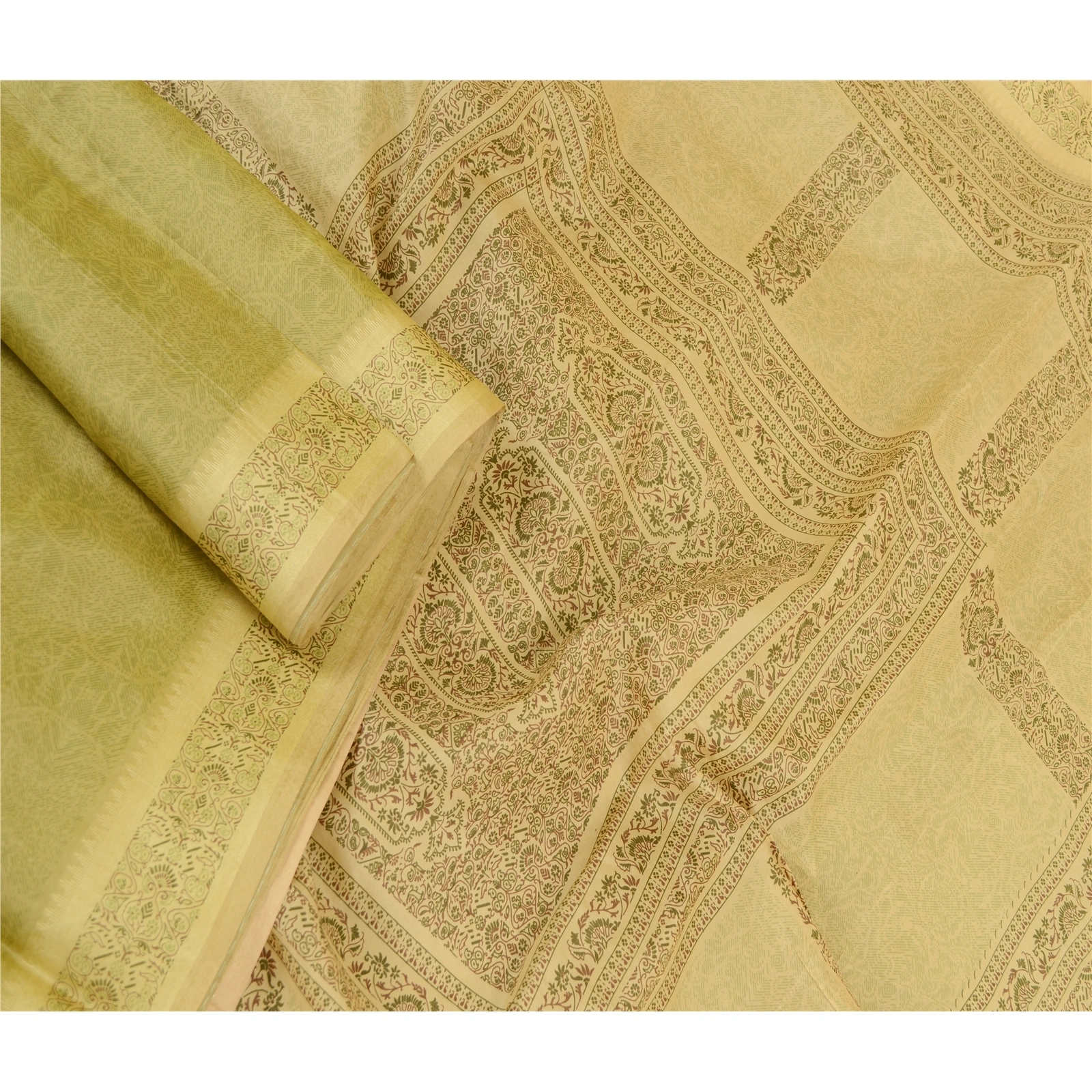 Sanskriti Vintage Sarees Green Pure Silk Printed Sari Floral 5Yd Craft Fabric, PR-62106-Green-Pure Silk-1