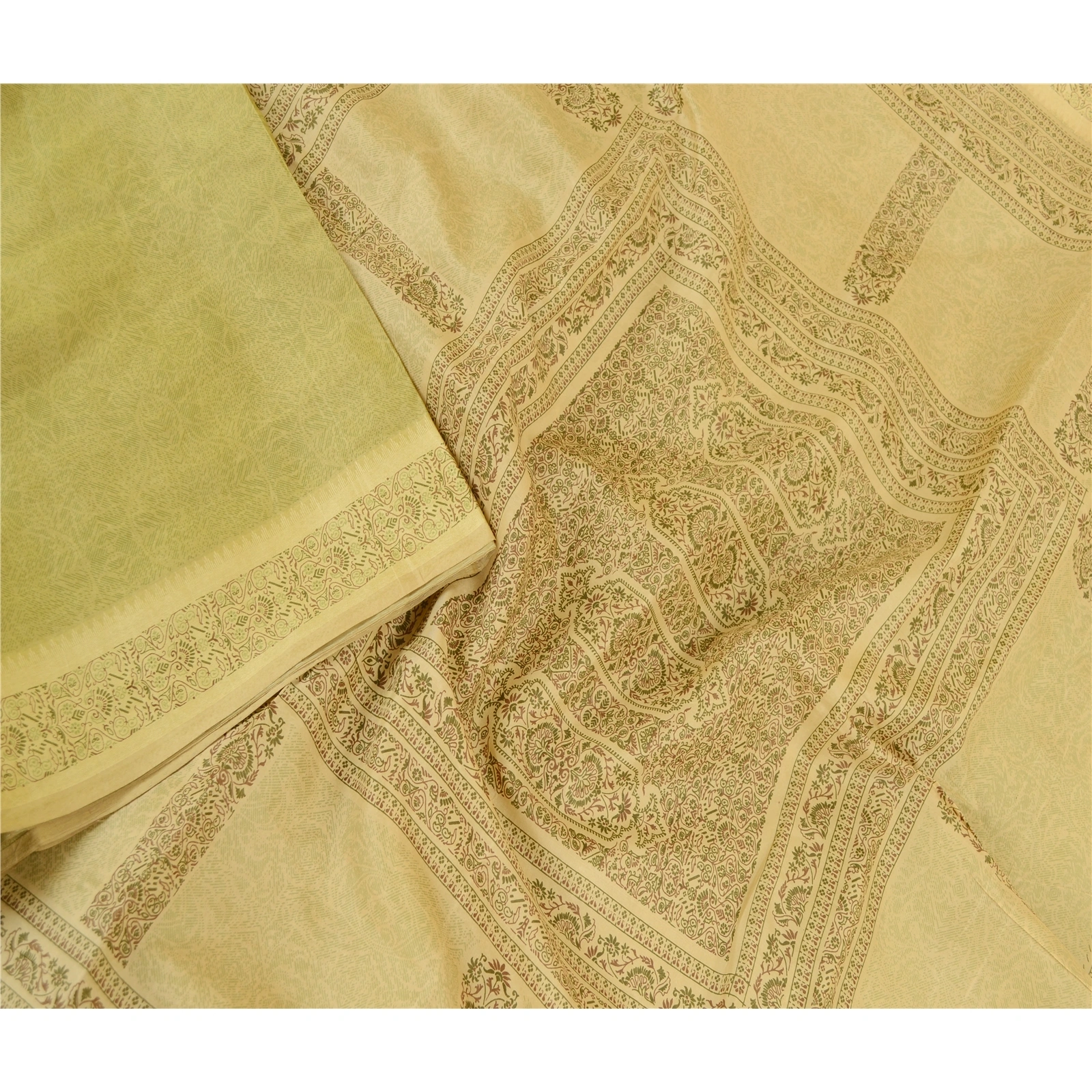 Sanskriti Vintage Sarees Green Pure Silk Printed Sari Floral 5Yd Craft Fabric, PR-62106-Green-Pure Silk-2