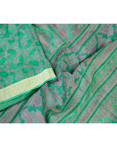 Sanskriti Vintage Sarees From India Green Pure Silk Printed Sari Craft Fabric, PR-62109-Green-Pure Silk-3