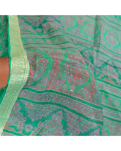 Sanskriti Vintage Sarees From India Green Pure Silk Printed Sari Craft Fabric, PR-62109-Green-Pure Silk-6