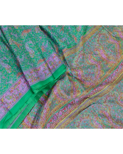 Sanskriti Vintage Sarees Green 100% Pure Silk Printed Sari Floral Craft Fabric, PR-62113-Green-Pure Silk-1