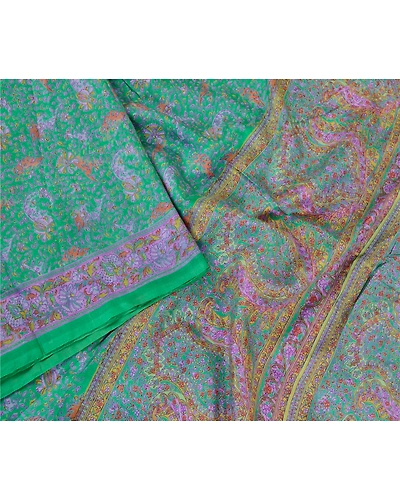 Sanskriti Vintage Sarees Green 100% Pure Silk Printed Sari Floral Craft Fabric, PR-62113-Green-Pure Silk-2