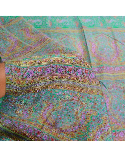 Sanskriti Vintage Sarees Green 100% Pure Silk Printed Sari Floral Craft Fabric, PR-62113-Green-Pure Silk-5