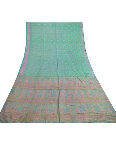 Sanskriti Vintage Sarees Green 100% Pure Silk Printed Sari Floral Craft Fabric, PR-62113-Green-Pure Silk-7