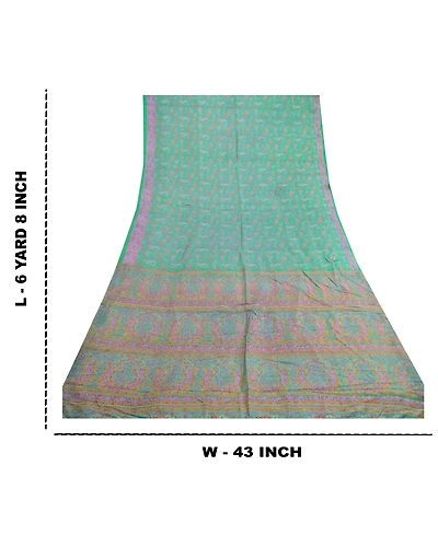 Sanskriti Vintage Sarees Green 100% Pure Silk Printed Sari Floral Craft Fabric, PR-62113-Green-Pure Silk-8