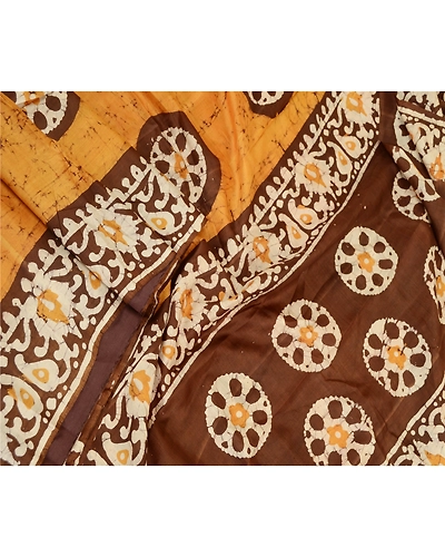 Sanskriti Vintage Sarees Saffron Batik Printed Pure Silk Sari Soft Craft Fabric, PR-62116-Saffron-Pure Silk-1