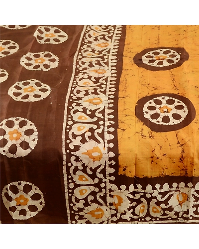 Sanskriti Vintage Sarees Saffron Batik Printed Pure Silk Sari Soft Craft Fabric, PR-62116-Saffron-Pure Silk-3