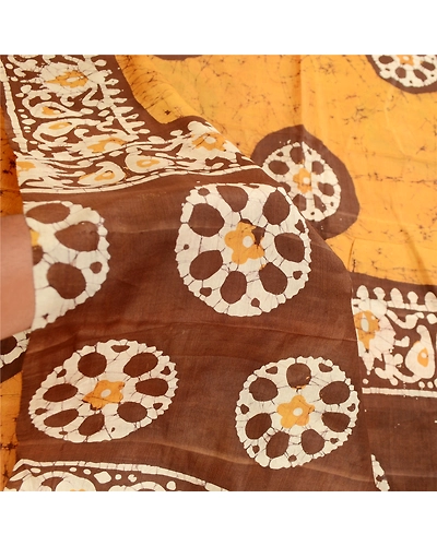 Sanskriti Vintage Sarees Saffron Batik Printed Pure Silk Sari Soft Craft Fabric, PR-62116-Saffron-Pure Silk-5
