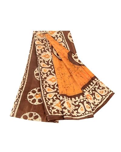 Sanskriti Vintage Sarees Saffron Batik Printed Pure Silk Sari Soft Craft Fabric, PR-62116-Saffron-Pure Silk-6
