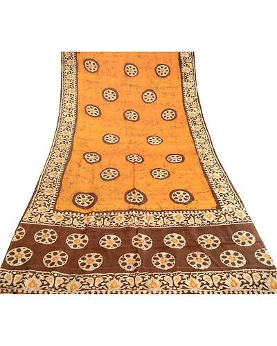 Sanskriti Vintage Sarees Saffron Batik Printed Pure Silk Sari Soft Craft Fabric, PR-62116-Saffron-Pure Silk-7