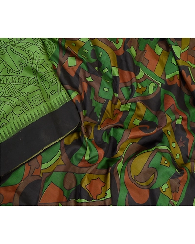 Sanskriti Vintage Sarees From India Green Printed Pure Silk Sari Craft Fabric, PR-62121-Green-Pure Silk-2